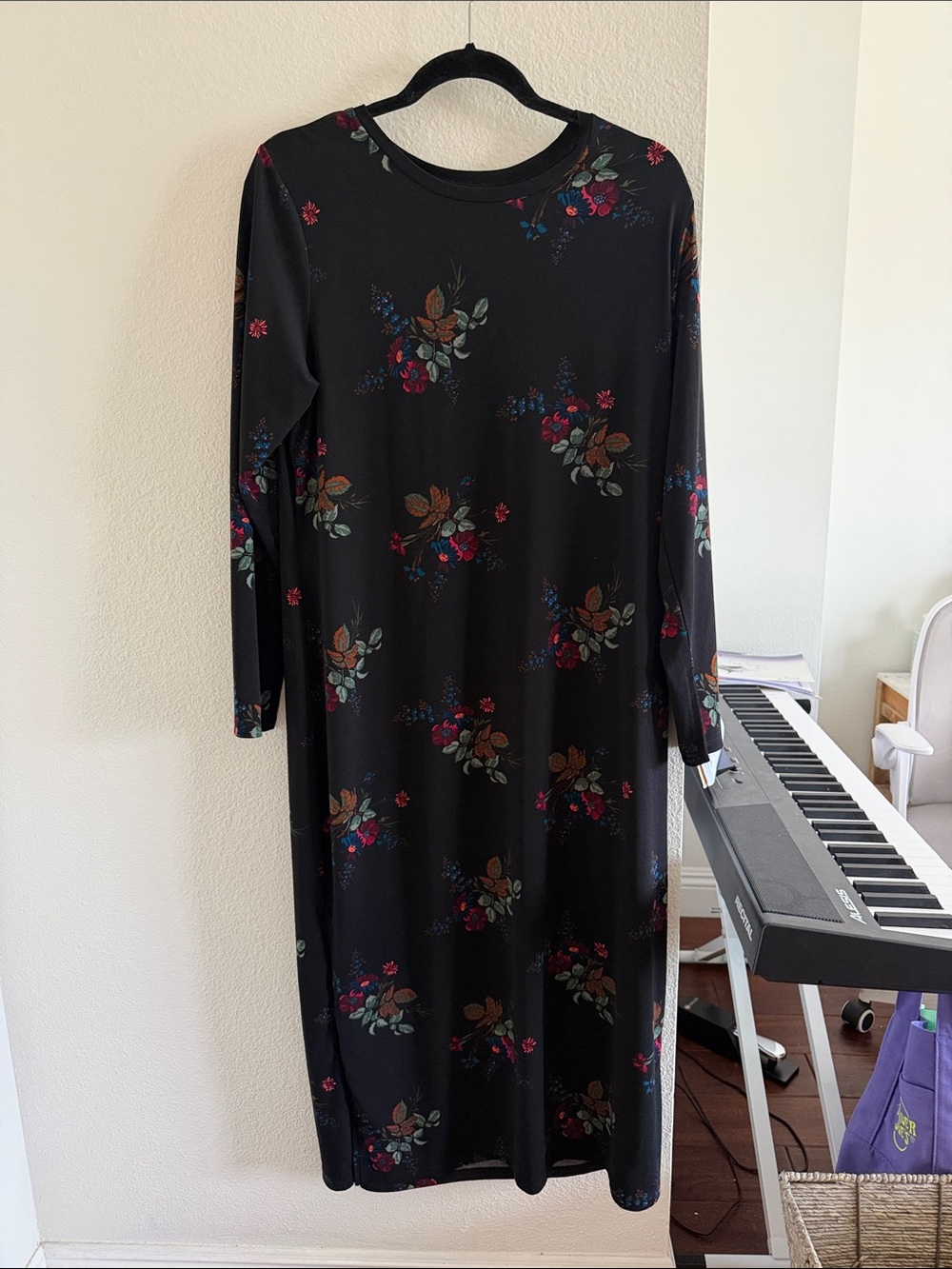 H&M Black Floral Long Sleeve Midi Dress